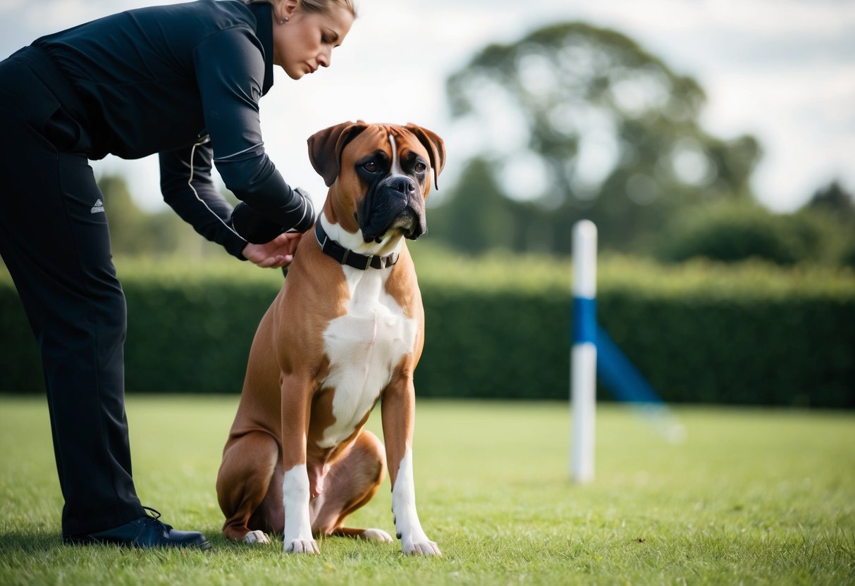 A boxer dog sitting attentively, obeying commands from its trainer with a focused expression