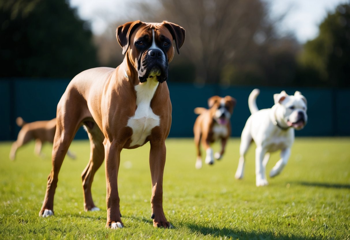 A boxer dog stands alert, ears perked, in a training field. Other dogs play in the background