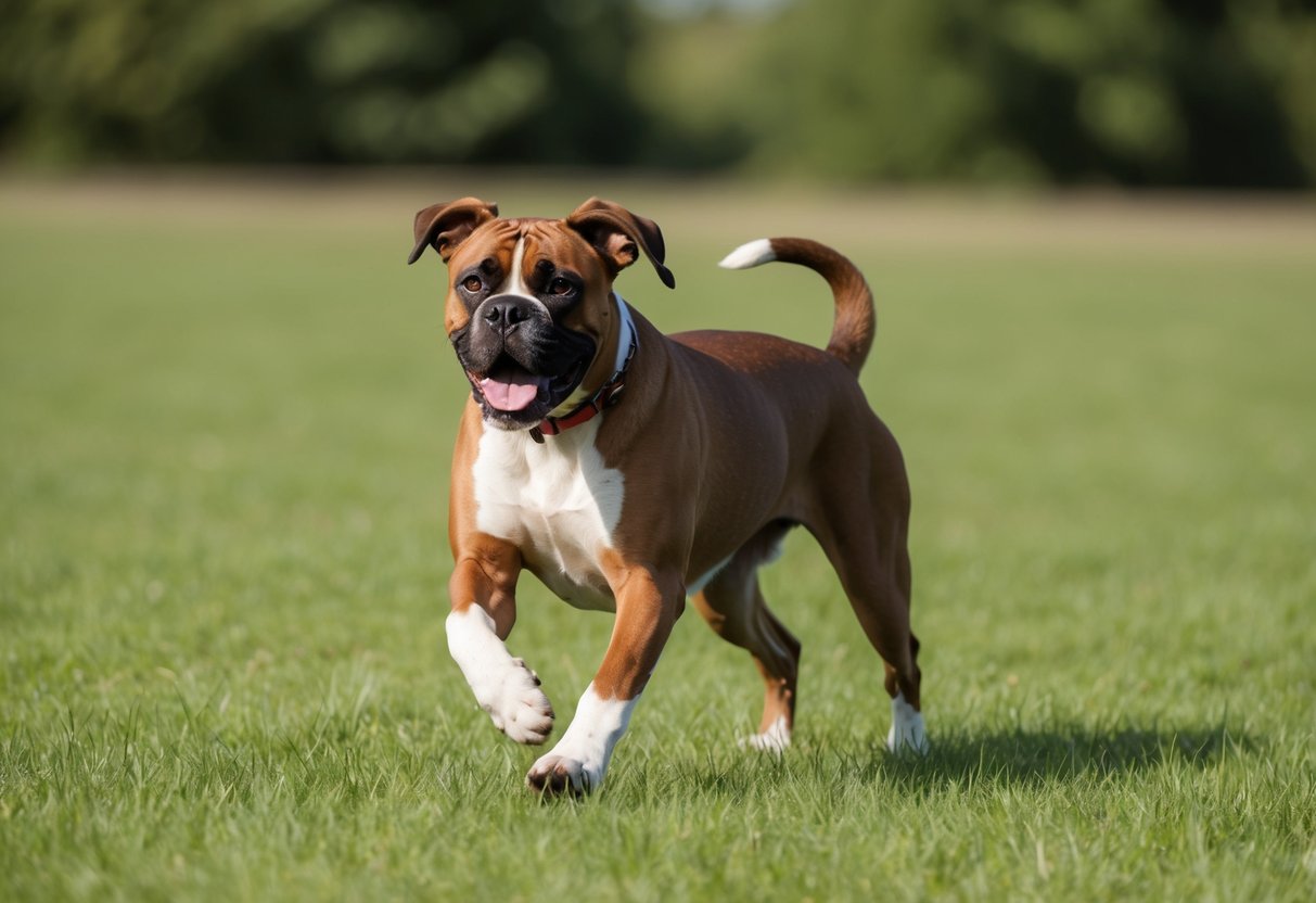 A boxer dog runs through a grassy field, panting lightly with a wagging tail, showing signs of energy and stamina