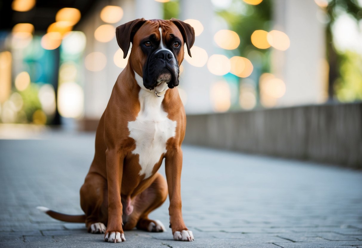 A boxer dog eagerly follows commands, sitting attentively with a focused expression