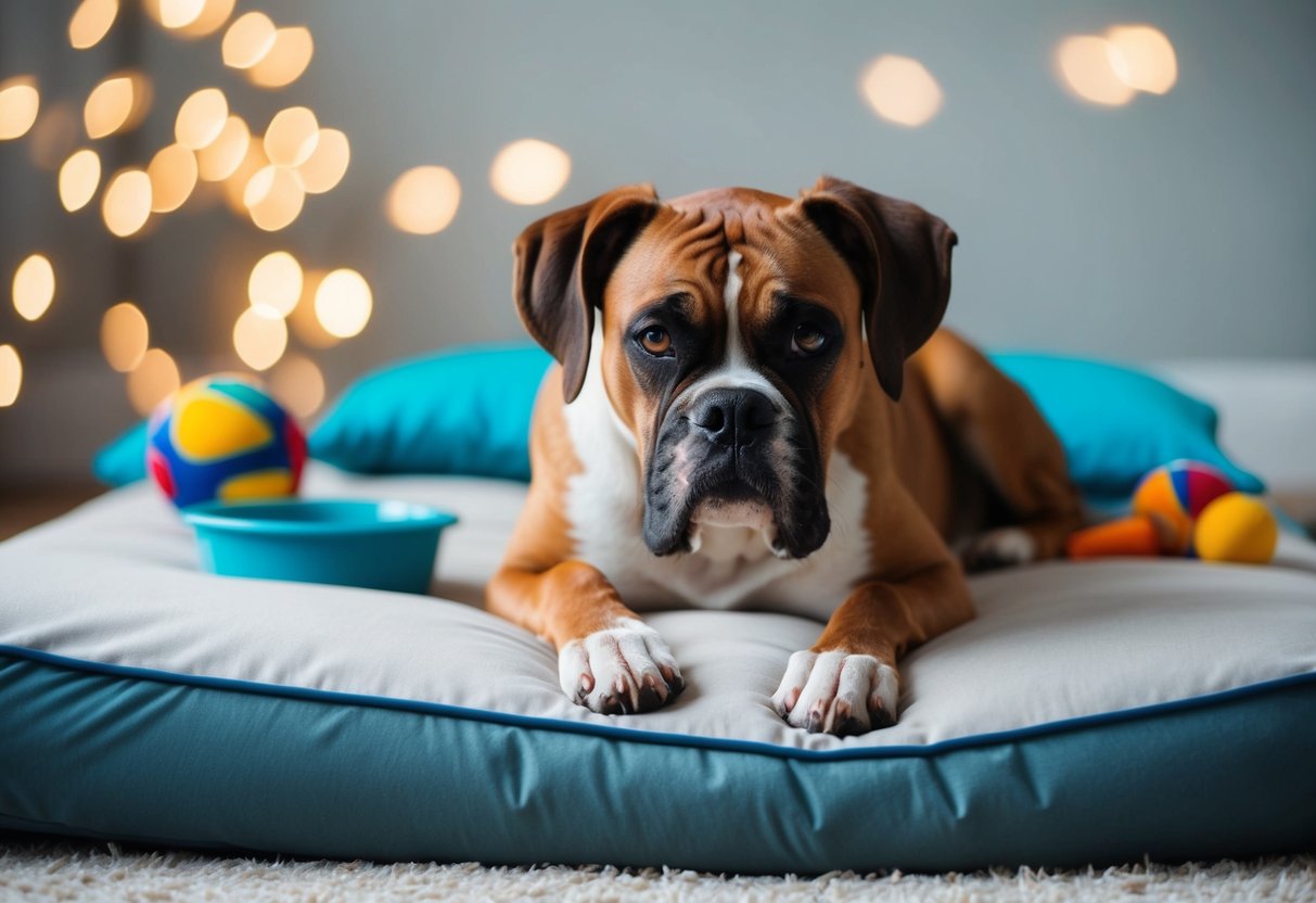 A boxer dog rests on a soft bed, with droopy eyes and a relaxed posture, surrounded by toys and a water bowl