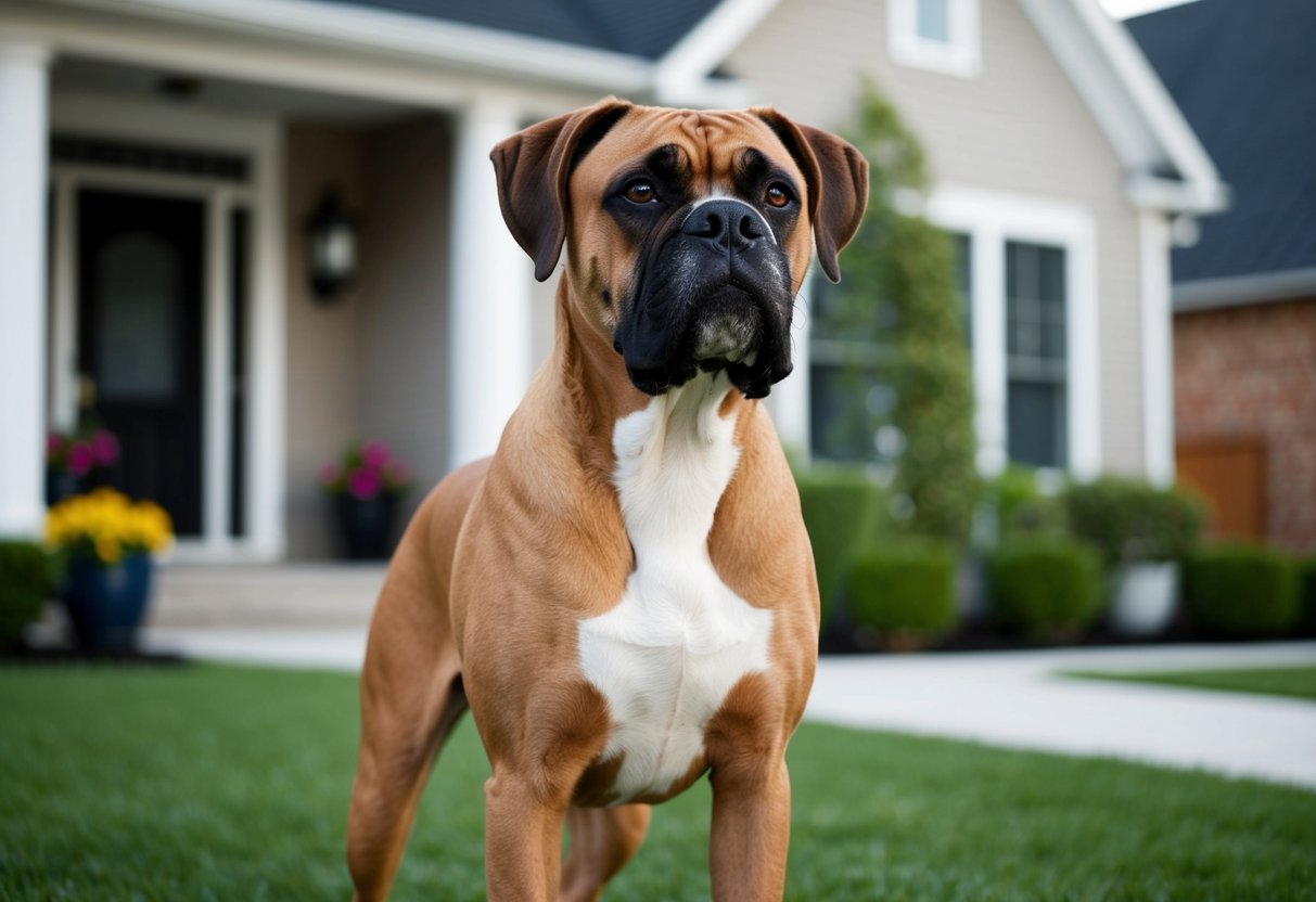 A boxer dog stands alert, ears perked, in front of a family home, exuding confidence and loyalty