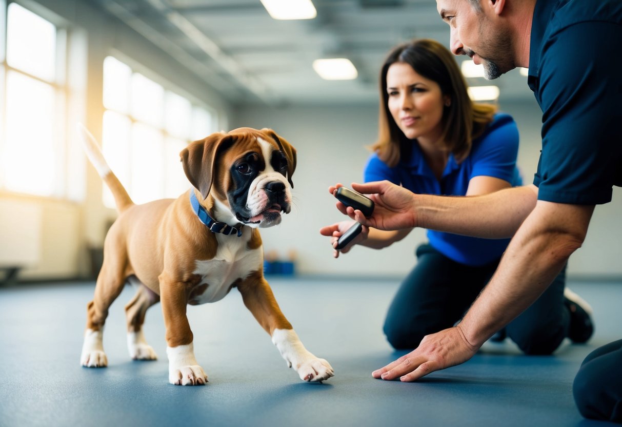 A boxer puppy eagerly learning basic commands from a patient trainer in a spacious, well-lit training area