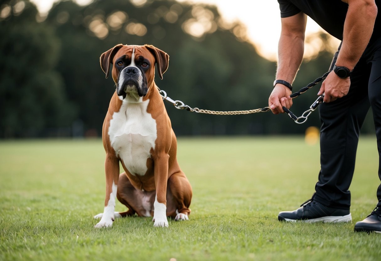 A boxer dog sitting attentively beside a trainer, following commands with focus and determination