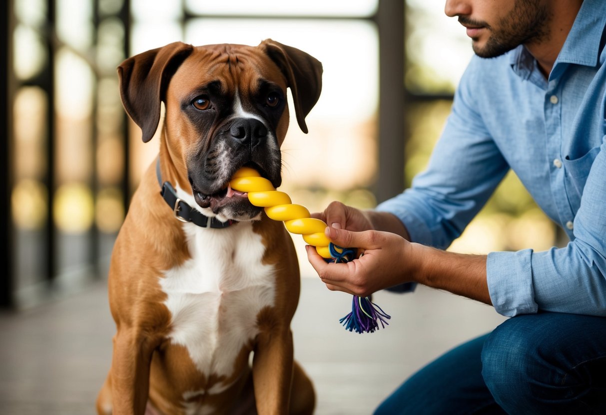 A boxer dog sits quietly with a chew toy while a person gives it positive reinforcement