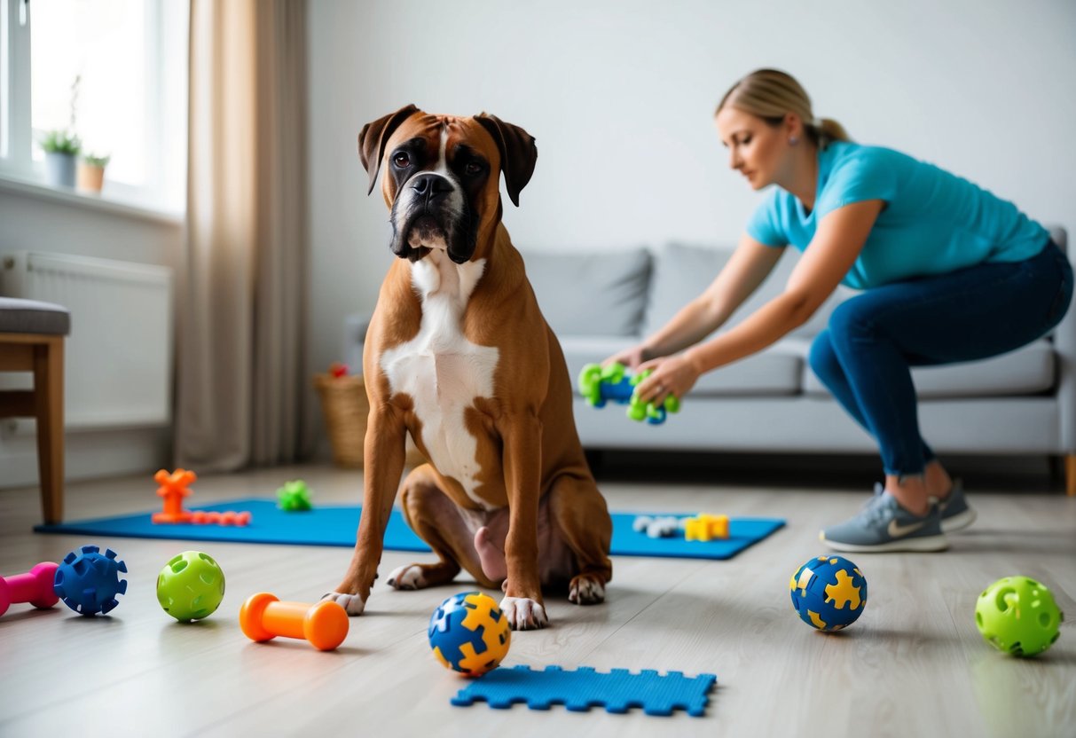 A boxer dog sits calmly in a quiet room, surrounded by toys and puzzles for mental stimulation. Its owner engages in a game of fetch, providing exercise to help reduce barking behavior