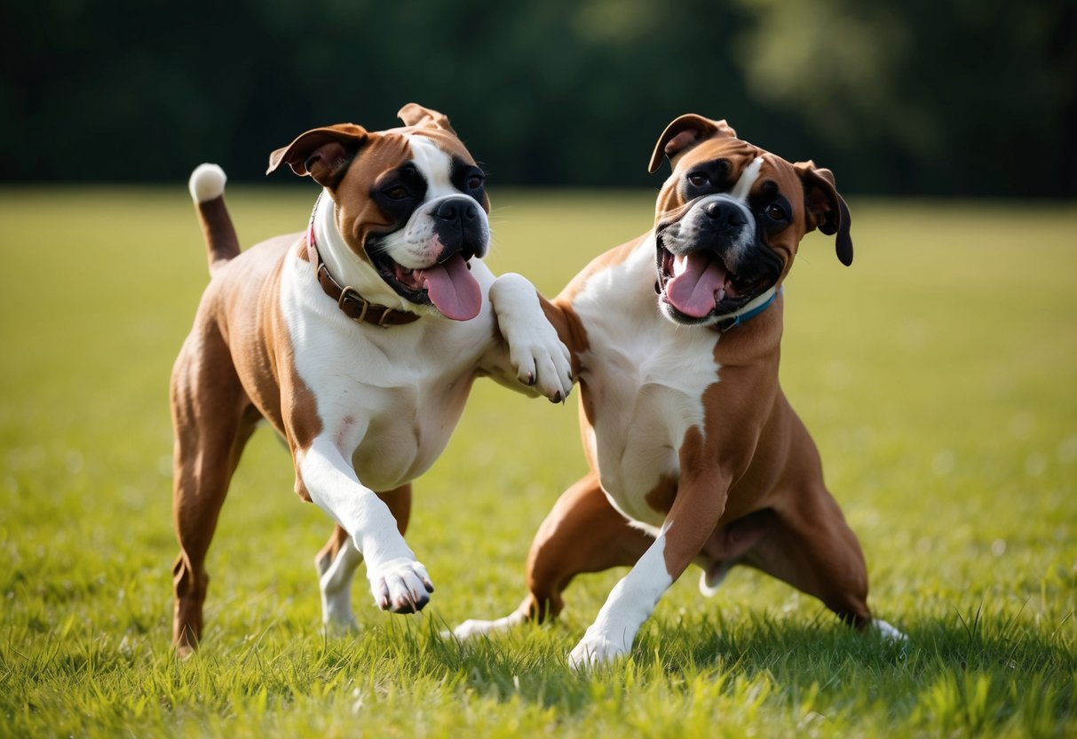 Two boxer dogs, one male and one female, playfully wrestling in a grassy field, with their tongues out and tails wagging