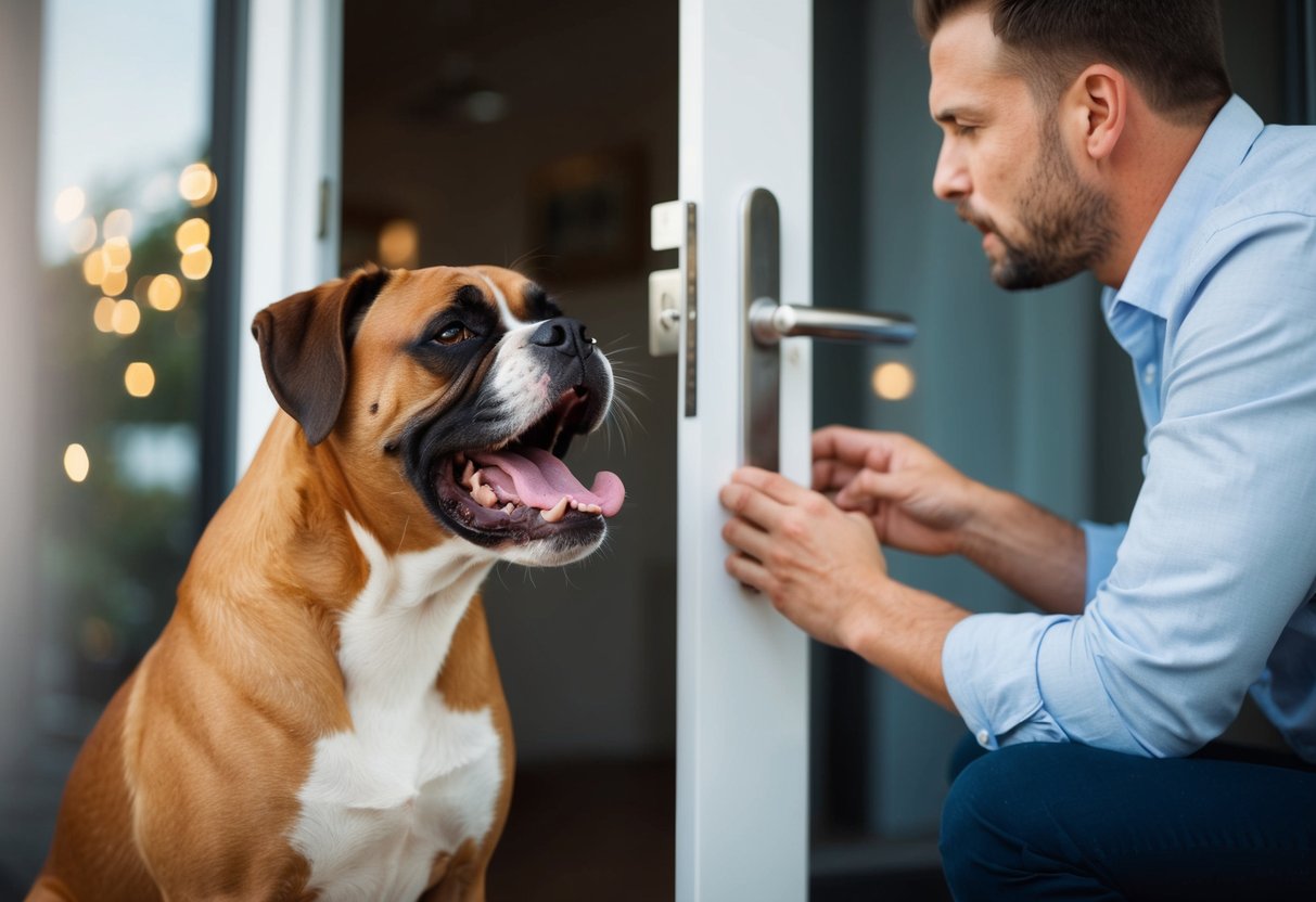 A frustrated boxer barking at the door, while the owner attempts to calm the dog