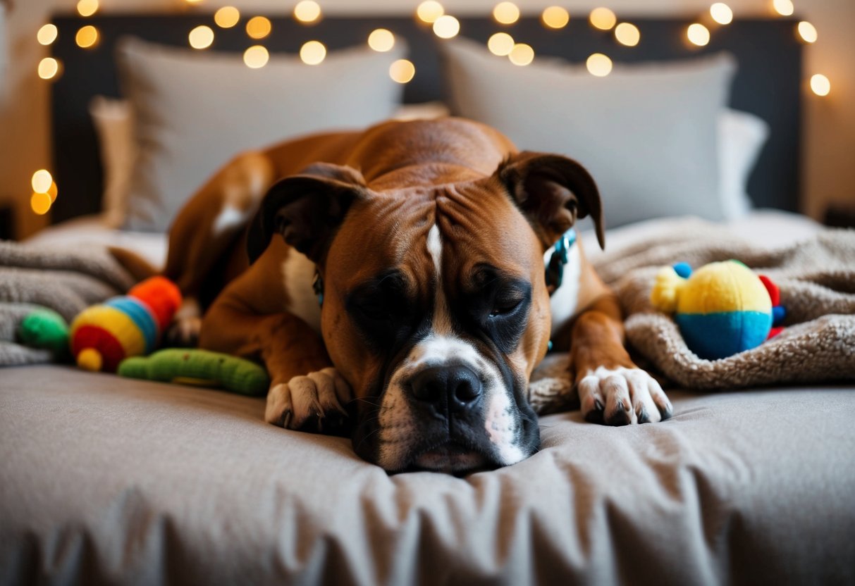 A boxer dog sleeps peacefully on a cozy bed, surrounded by toys and blankets