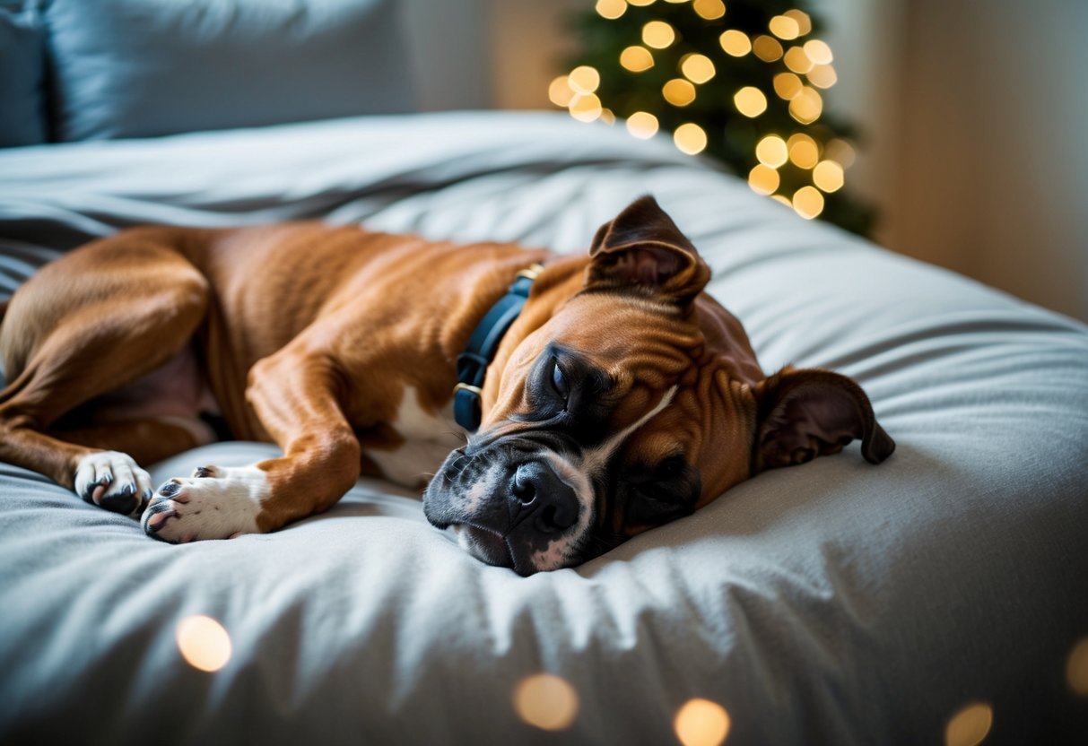 A boxer dog peacefully sleeping in a cozy bed, surrounded by quiet and dimly lit surroundings