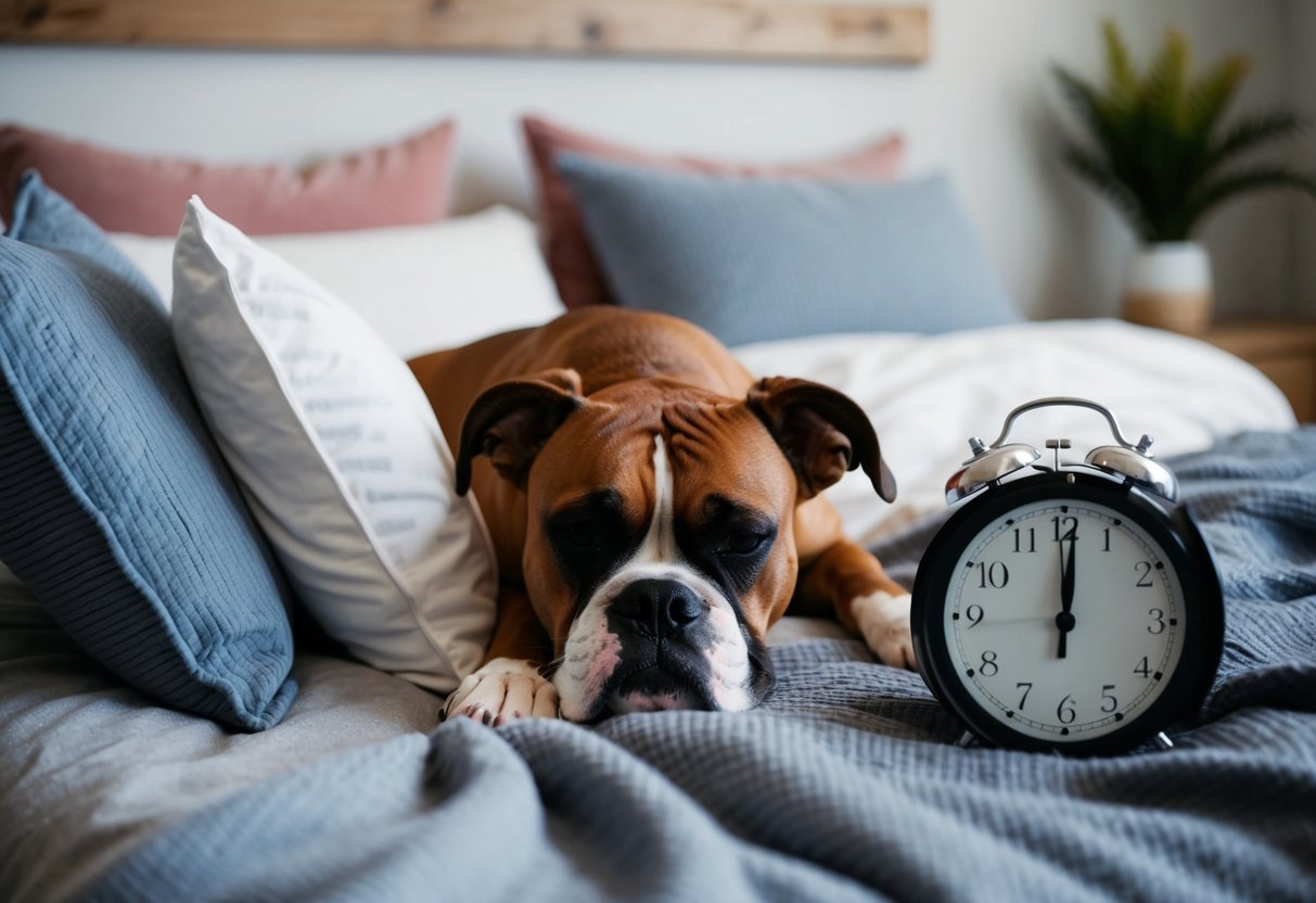 A boxer peacefully sleeping in a cozy bed, surrounded by pillows and blankets, with a clock showing a recommended 7-9 hours of sleep