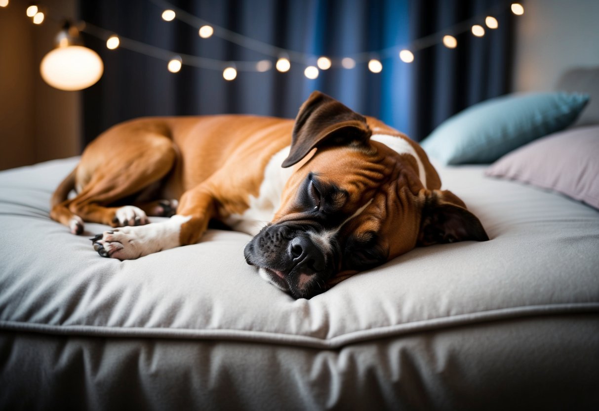 A boxer dog peacefully sleeping on a soft, comfortable bed with dimmed lights and soothing background music playing