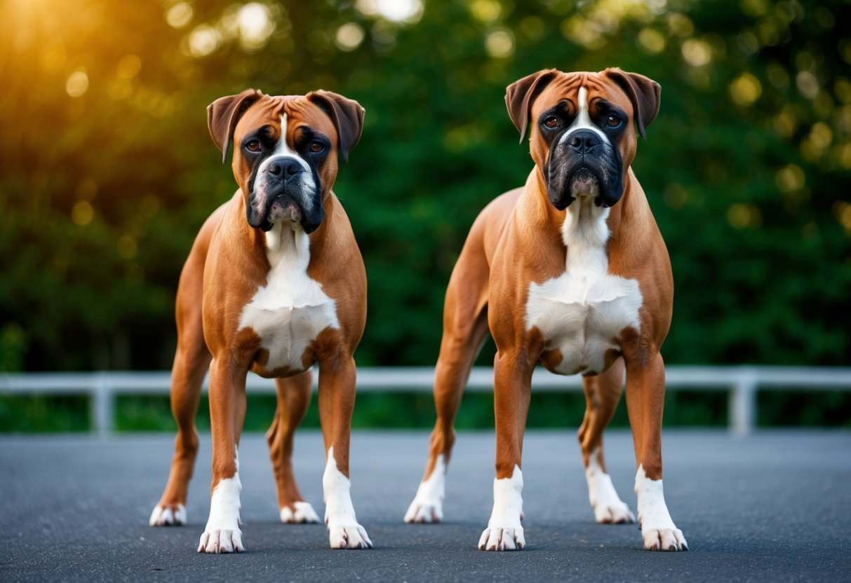 A male and female boxer dog stand side by side, each looking alert and strong, representing the choice between the two genders