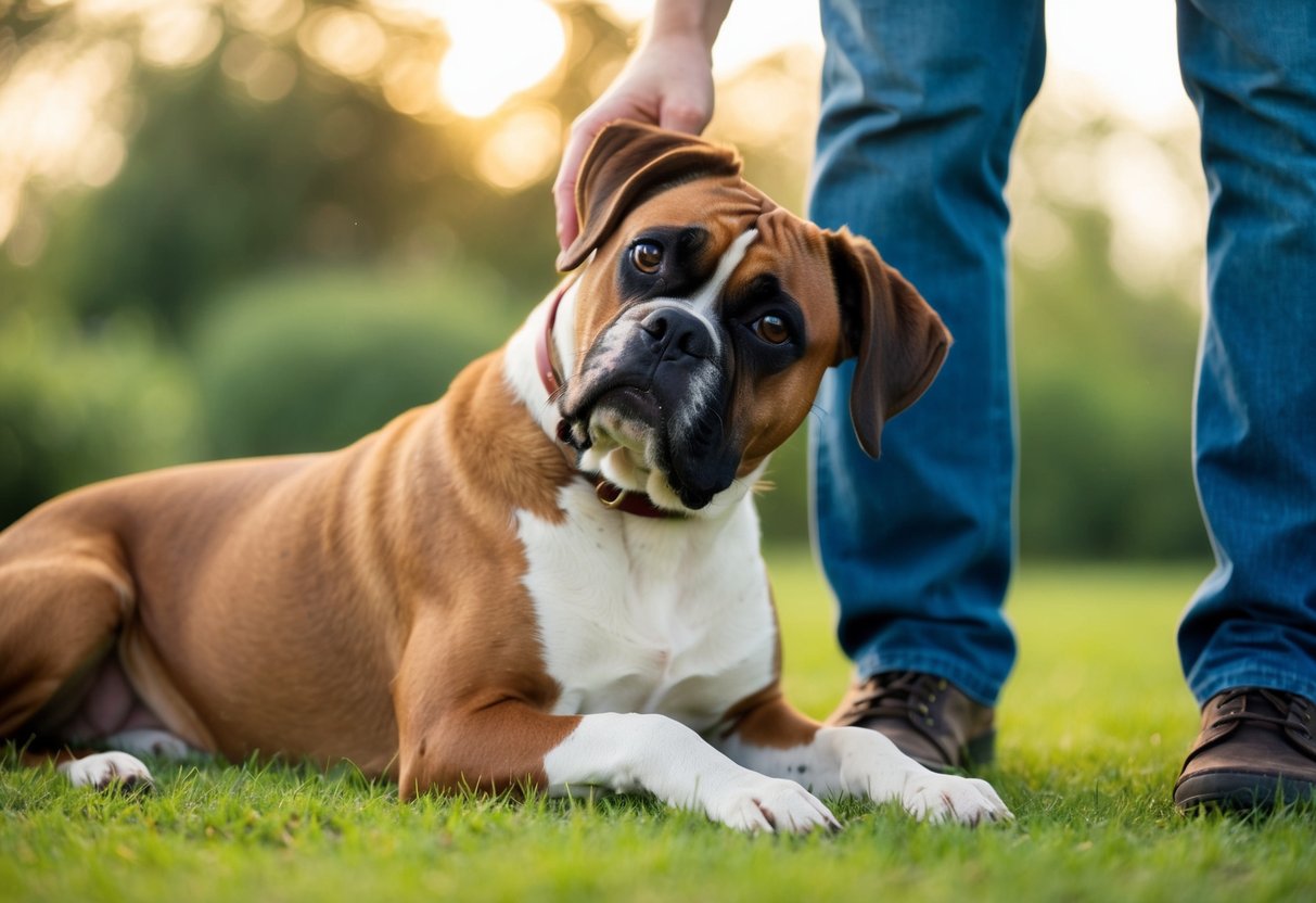 A boxer dog nuzzles its owner's leg, wags its tail, and gazes up at them with adoring eyes