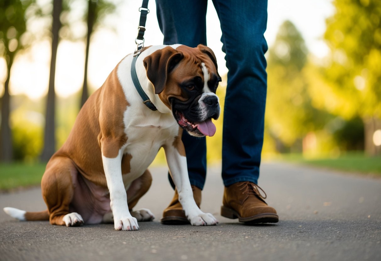 A boxer nuzzling its owner's leg while wagging its tail