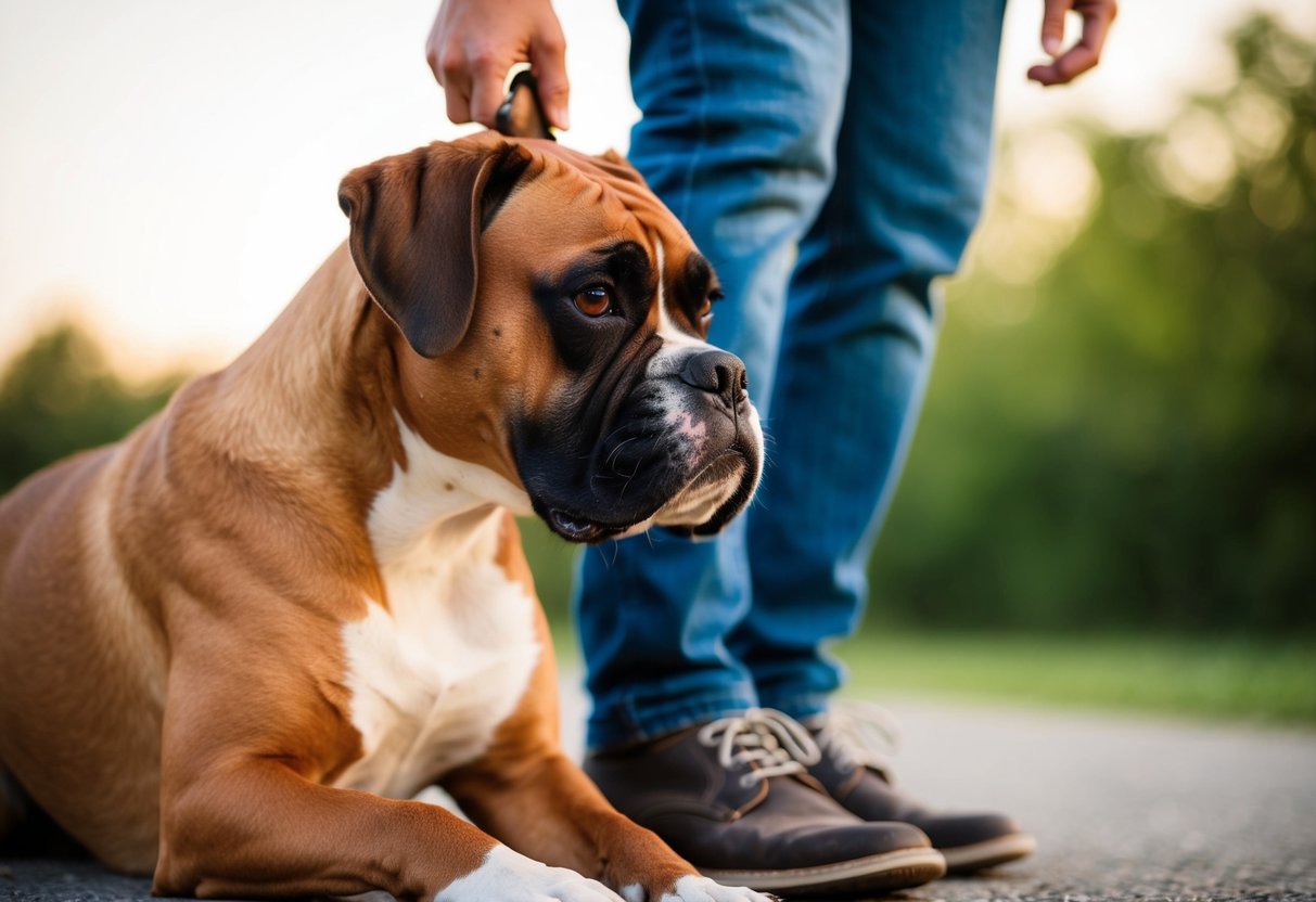 A boxer dog nuzzles its owner's leg, wagging its tail and making eye contact with a loving gaze