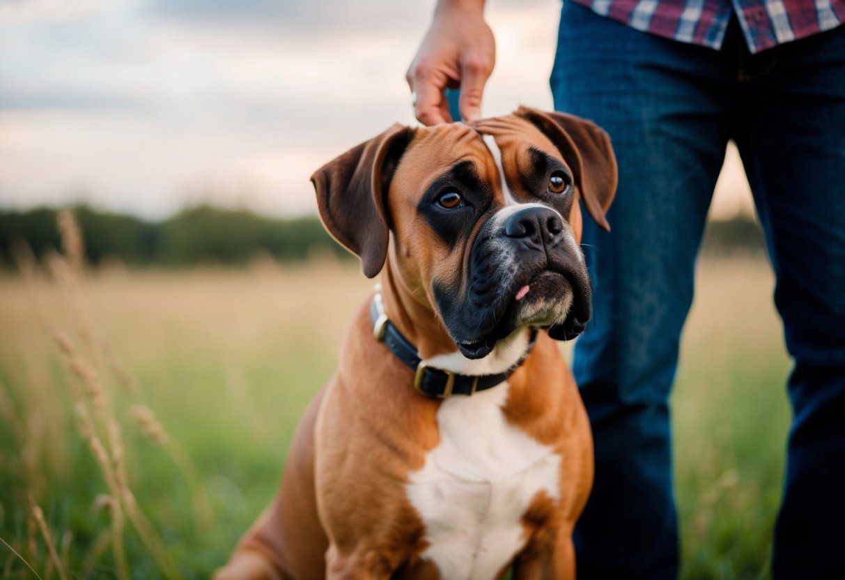A boxer dog nuzzles its owner's leg, wagging its tail and looking up with adoring eyes