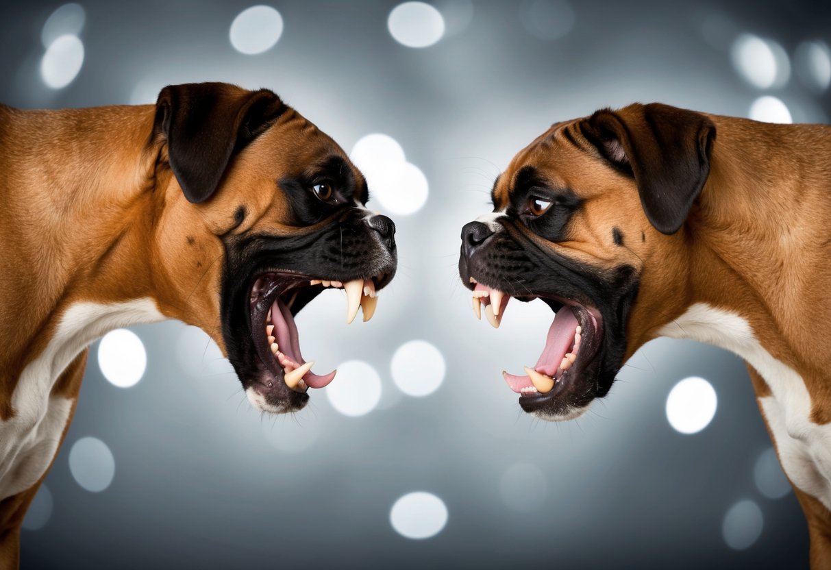 Two snarling boxers face off, teeth bared and fur bristling. Their bodies tense, ready to pounce in a display of aggression