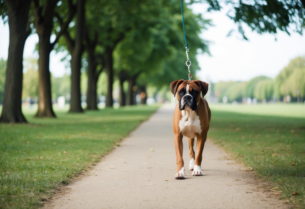 A boxer dog walks on a leash along a tree-lined path in a park