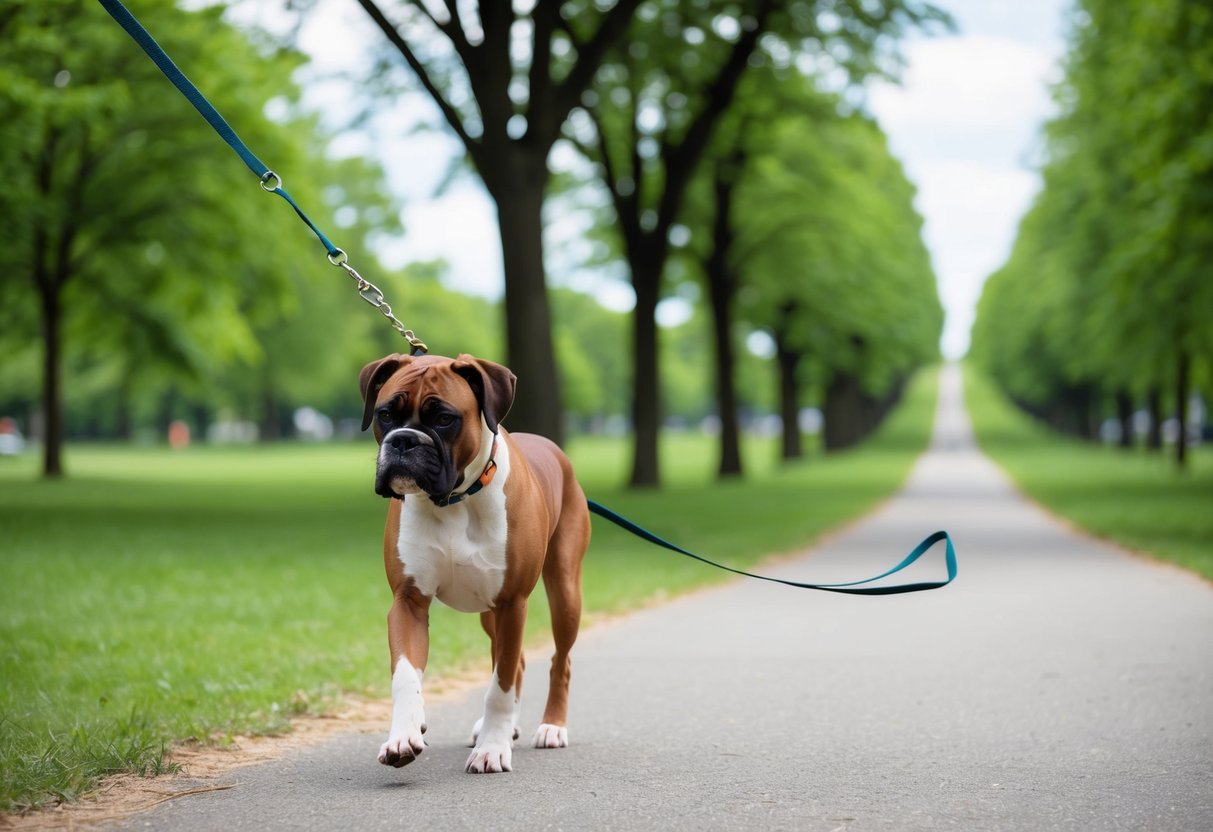 A boxer dog walking on a leash in a park, surrounded by green trees and a clear path stretching into the distance