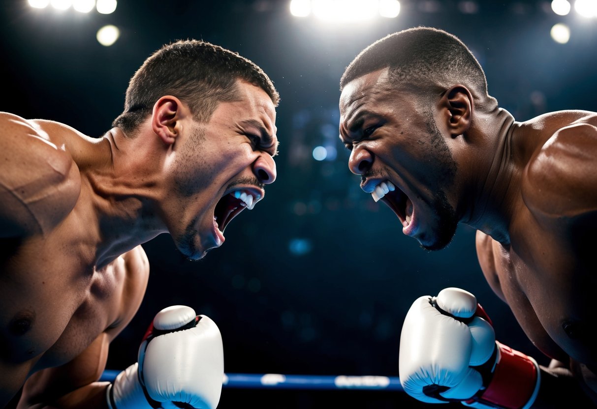 Two boxers face off in a ring, snarling and baring their teeth. Their muscles tense as they prepare to attack each other, showing signs of aggression