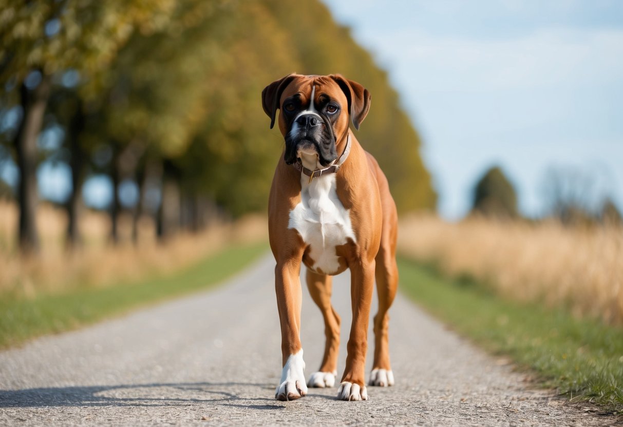 A boxer dog walking on a path with trees and a clear sky in the background