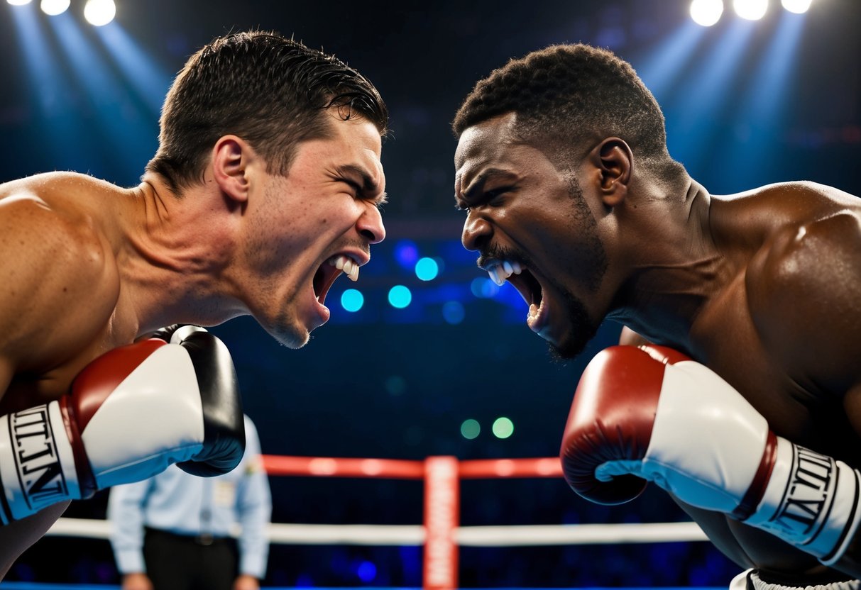 Two aggressive boxers facing off in a ring, baring their teeth and growling, while a concerned referee looks on