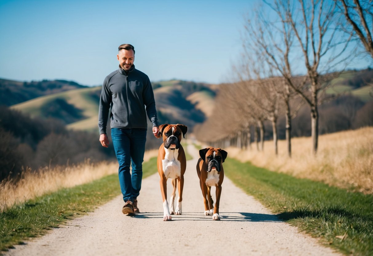 A boxer dog walking alongside its owner on a tree-lined path, with rolling hills in the background and a clear blue sky above