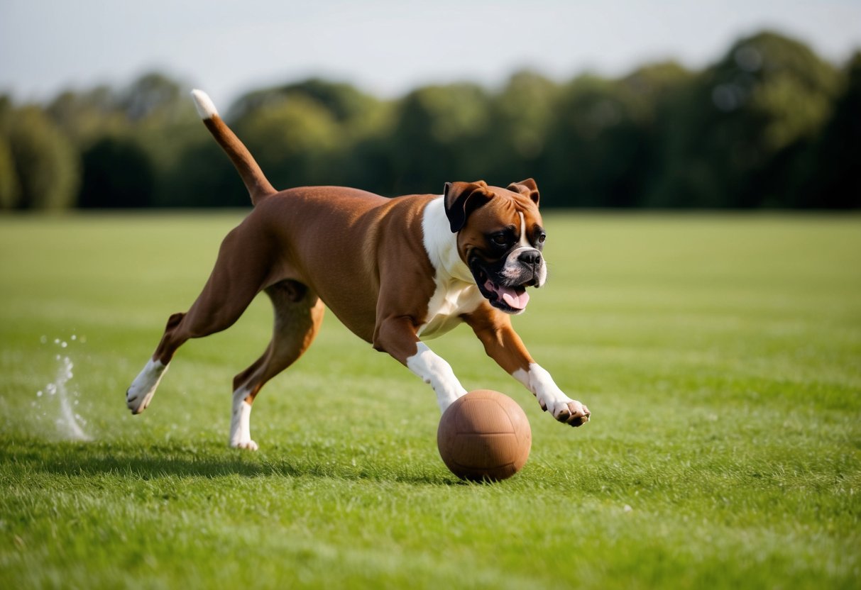 A boxer dog chases a ball across a large field, running and leaping with excitement until it eventually collapses in exhaustion
