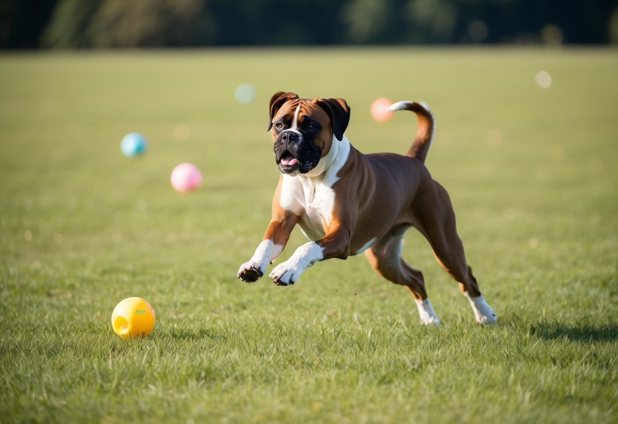 A boxer dog running and playing fetch in a large open field, jumping over obstacles and chasing after toys