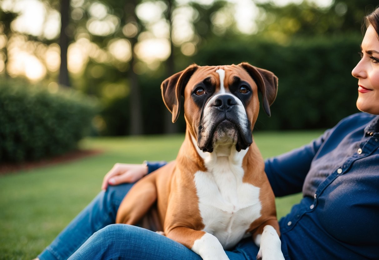 A boxer dog sitting on a person's lap, looking up with a relaxed and content expression
