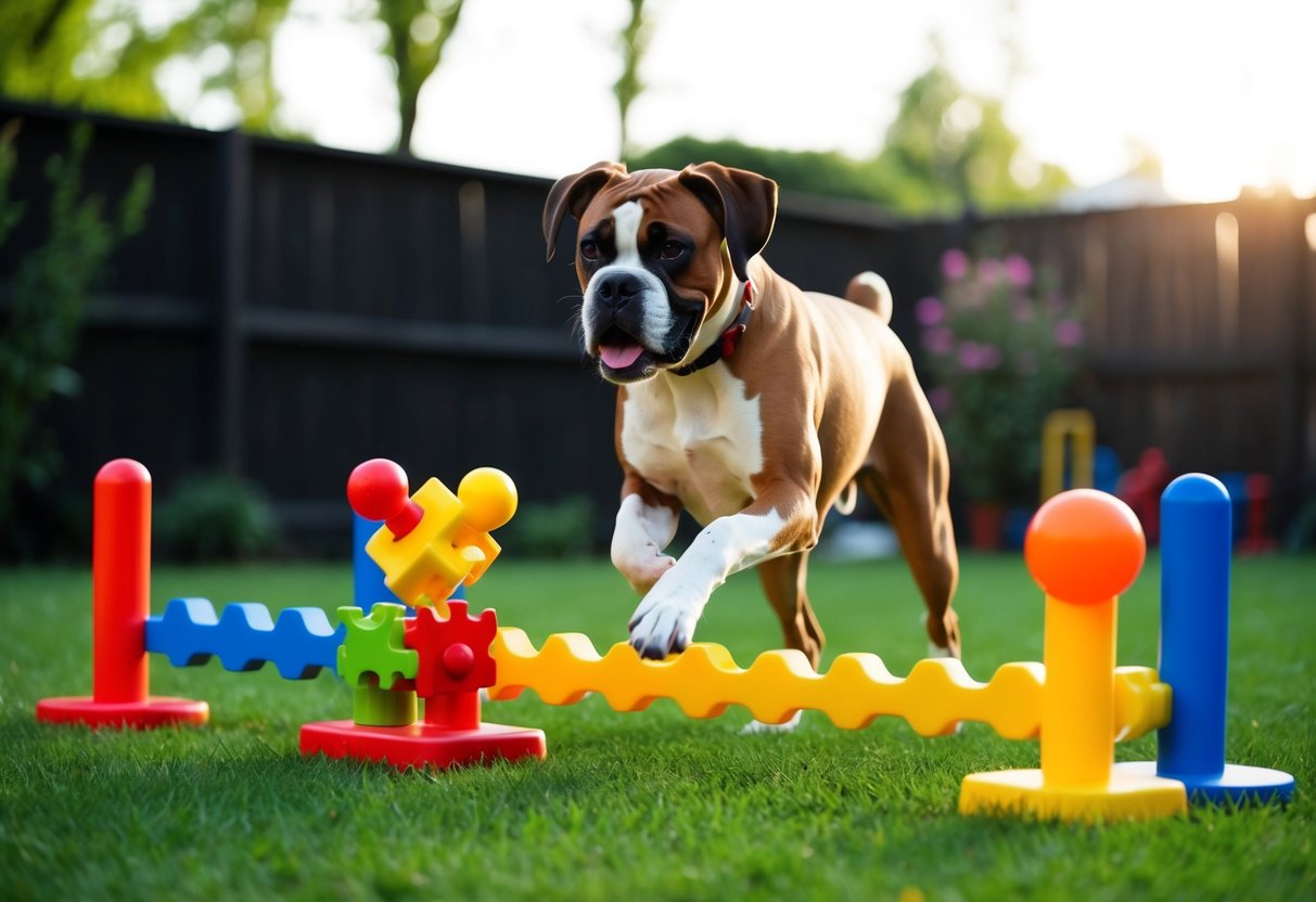A boxer dog plays with puzzle toys and runs through an obstacle course in a backyard