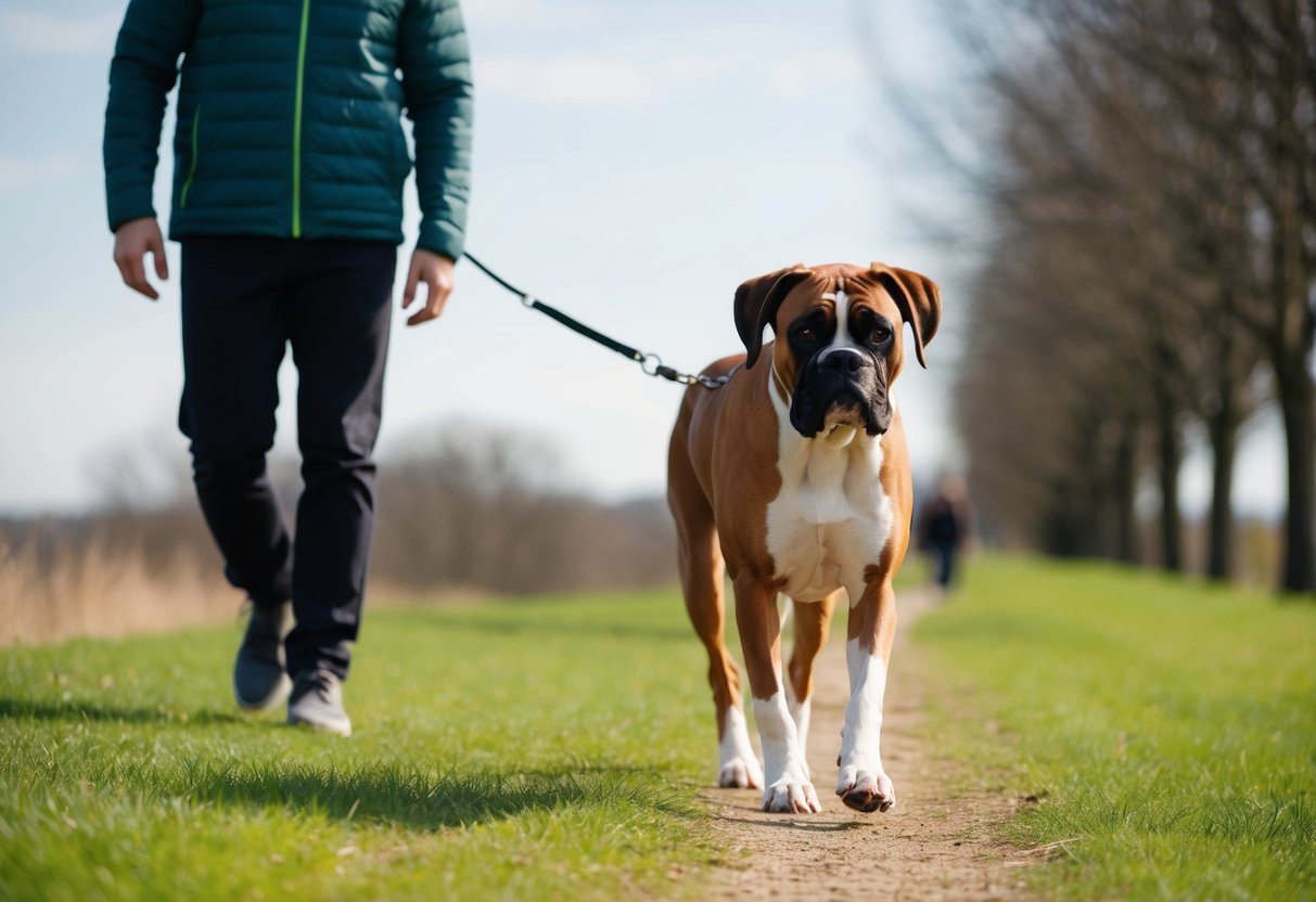 A boxer dog walks beside a person on a grassy path, with trees and a clear sky in the background