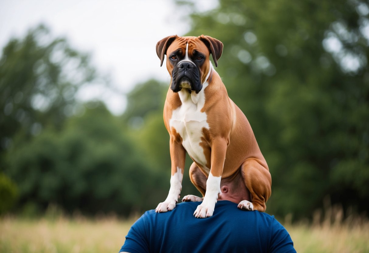 A boxer dog sits confidently on top of a person, seeking attention and asserting dominance with a proud and alert posture