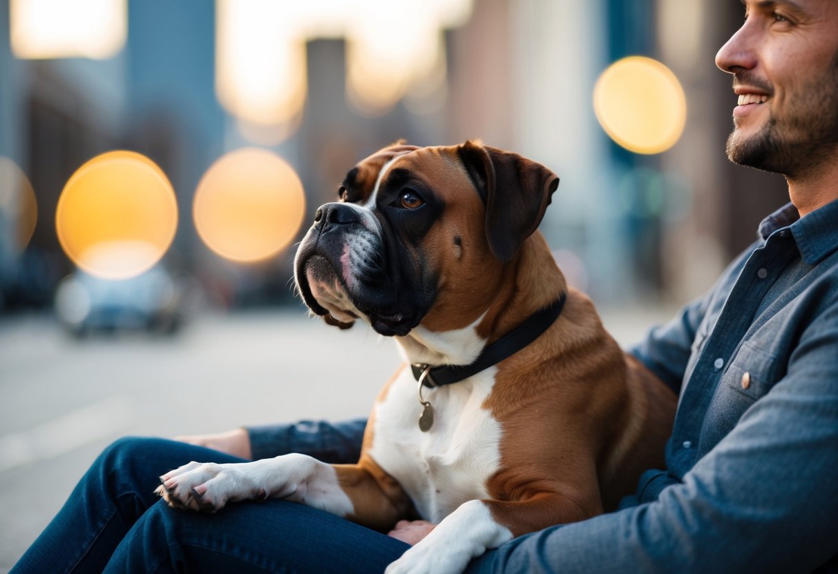 A boxer dog sitting on a person's lap, looking up with a relaxed and content expression
