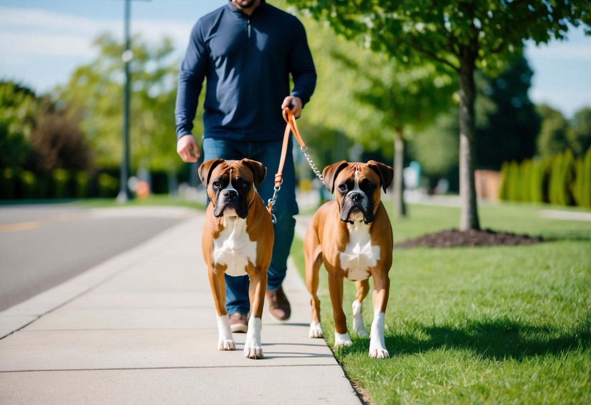 A boxer dog walking on a leash beside a person on a sidewalk, surrounded by trees and greenery, with a clear sky above