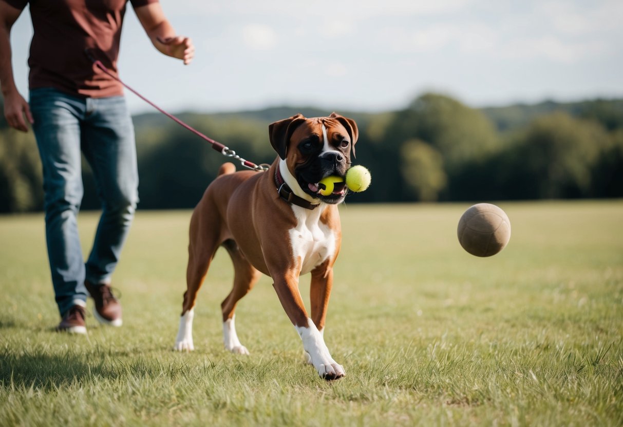 A boxer dog walks on a leash with a toy in its mouth, while a person tosses a ball for it to fetch. They are surrounded by open fields and trees