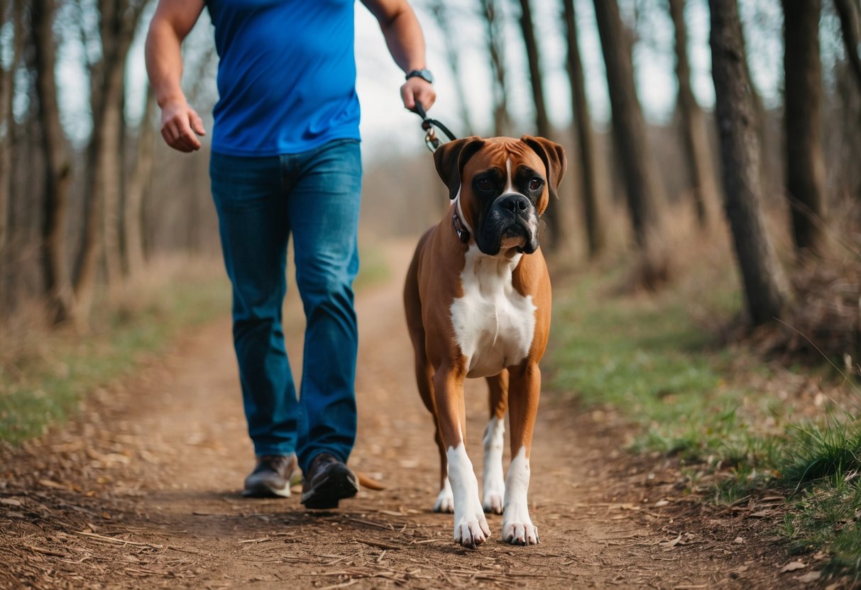 A boxer dog walks alongside its owner on a wooded trail, both enjoying the exercise and strengthening their bond