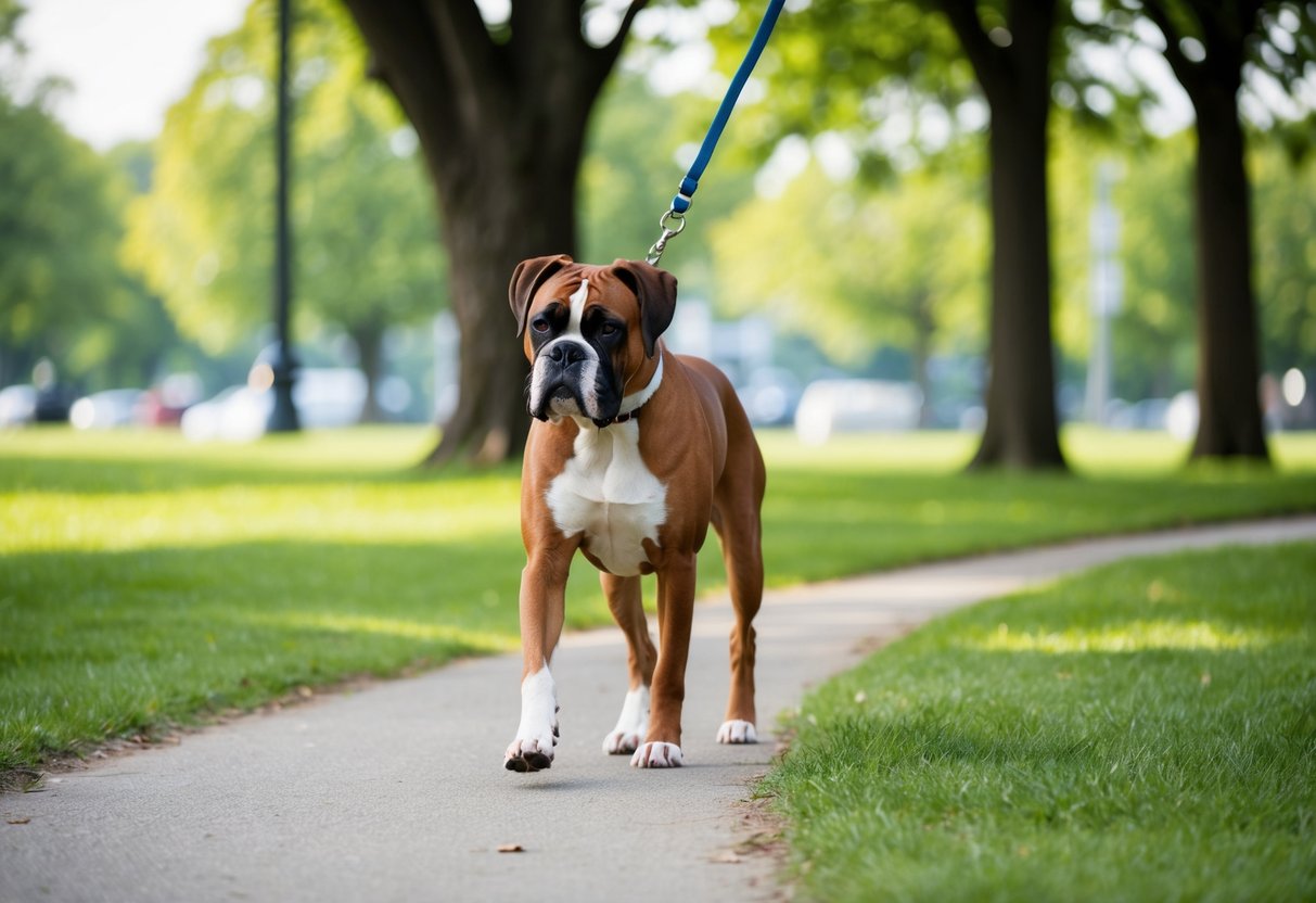 A boxer dog walks on a leash through a park, with trees and grass in the background