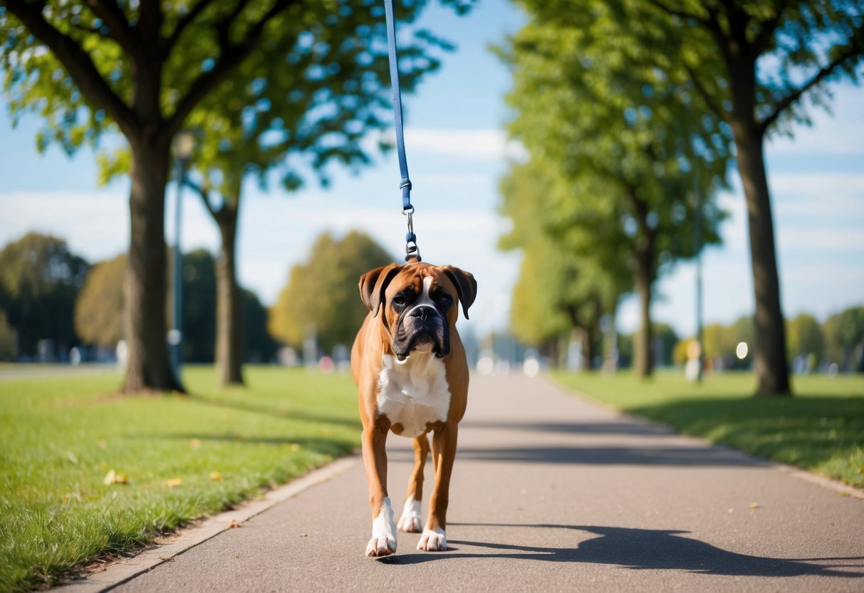 A boxer dog walking briskly on a leash through a park with trees and a paved path, with a clear blue sky in the background