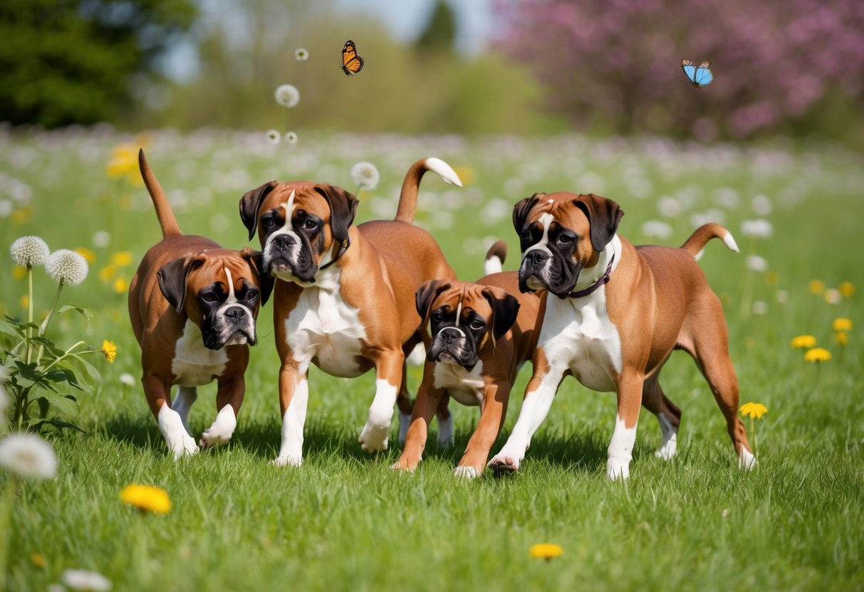 A family of boxers plays in a grassy field, surrounded by blooming flowers and butterflies. One of the dogs sniffs at a dandelion while the others romp and play