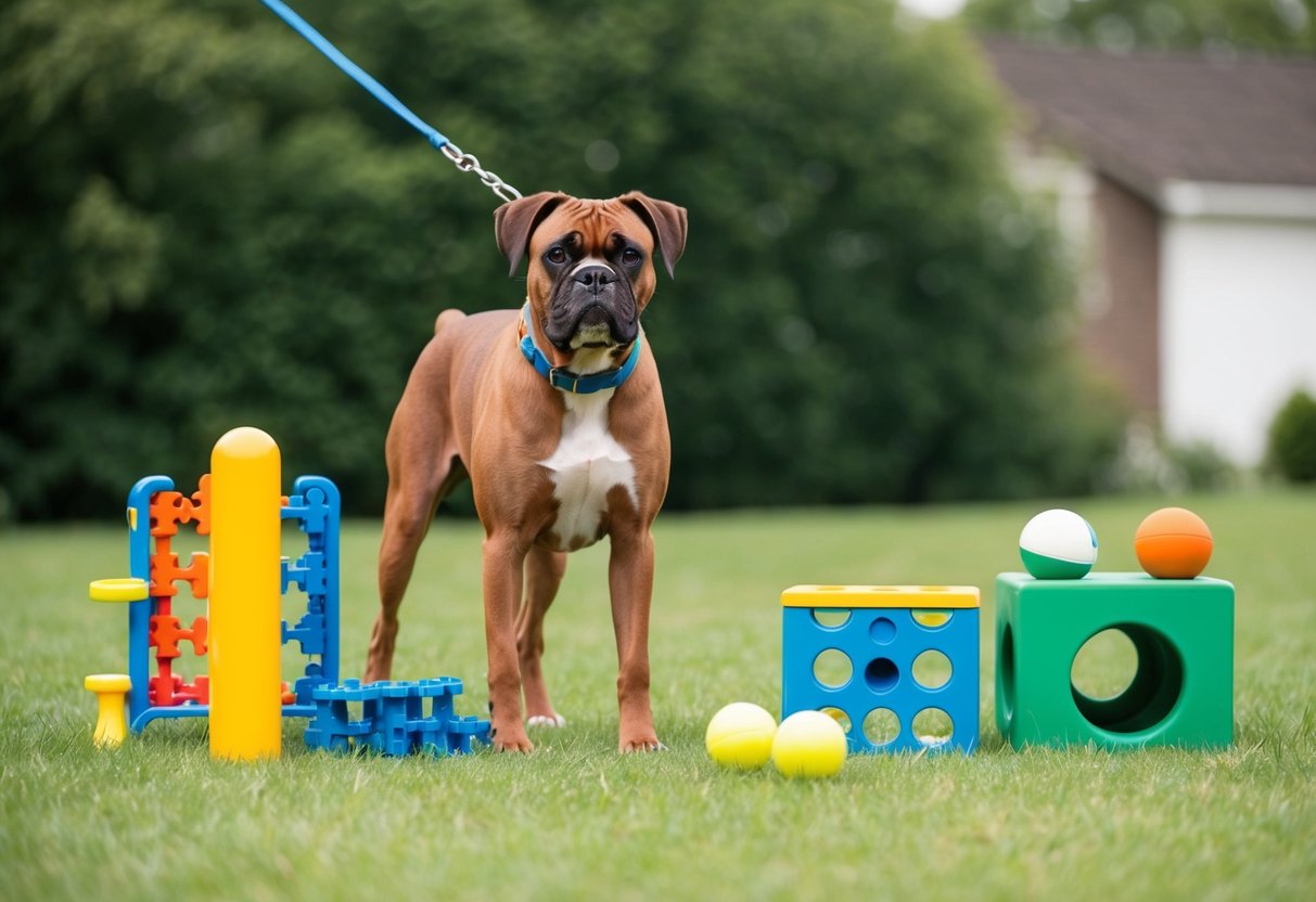 A boxer dog wearing a leash stands eagerly by a variety of engagement activities such as a puzzle toy, agility equipment, and a ball launcher
