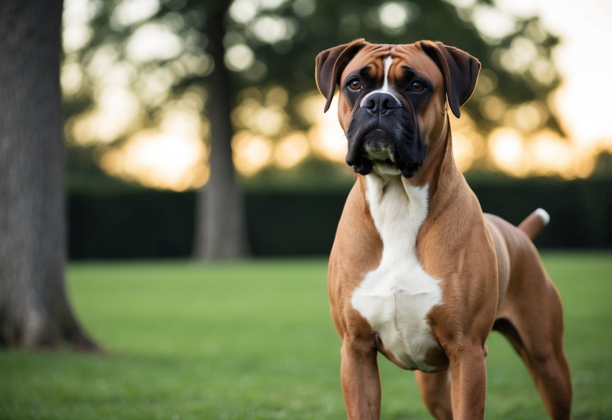 A boxer dog with a wrinkled face and a short, smooth coat, standing proudly with a muscular build and a docked tail