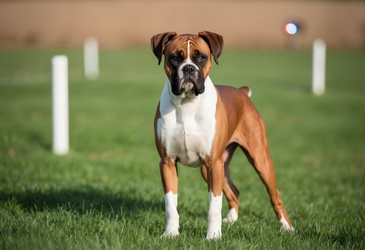 A boxer dog standing alert in a grassy field, ears perked, eyes focused on a distant target