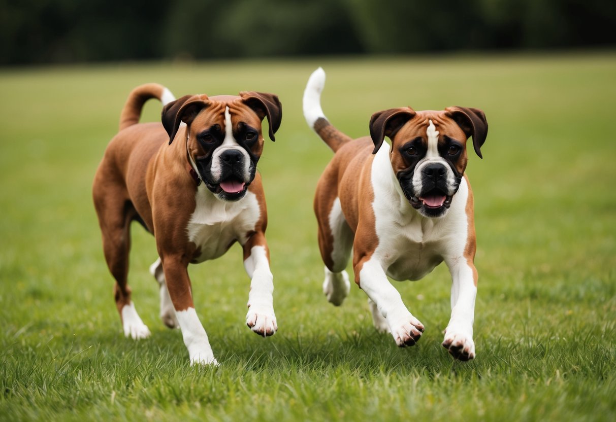 Two boxers playfully chase each other through a grassy field, their ears perked up and tails wagging