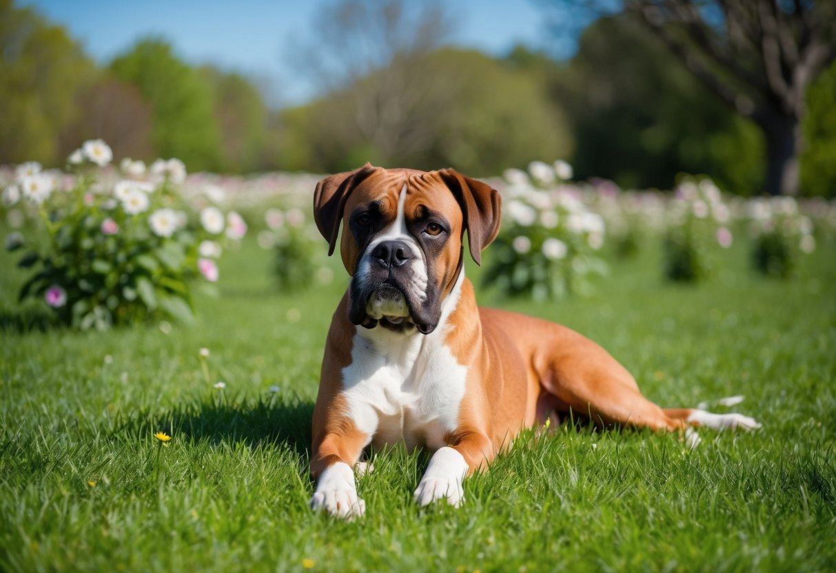 A boxer dog lying in a grassy field, surrounded by blooming flowers and trees, with a clear blue sky overhead. The dog appears calm and content, showing no signs of allergies