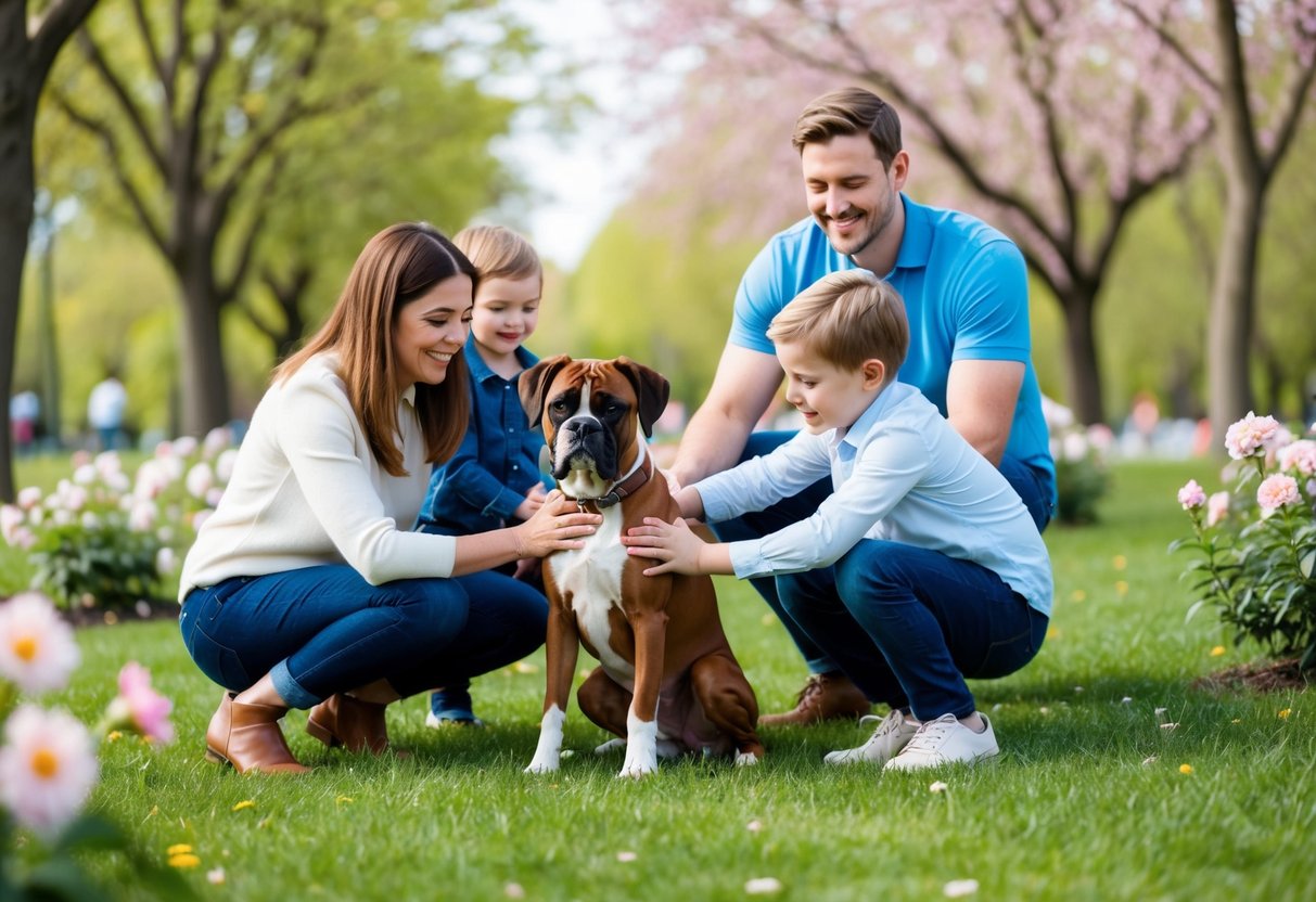 A family playing in a park with a boxer dog, surrounded by blooming flowers and trees. A child is petting the dog while the parents watch