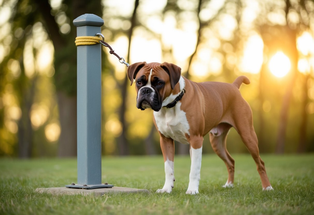 A boxer tied to a sturdy post with a short leash