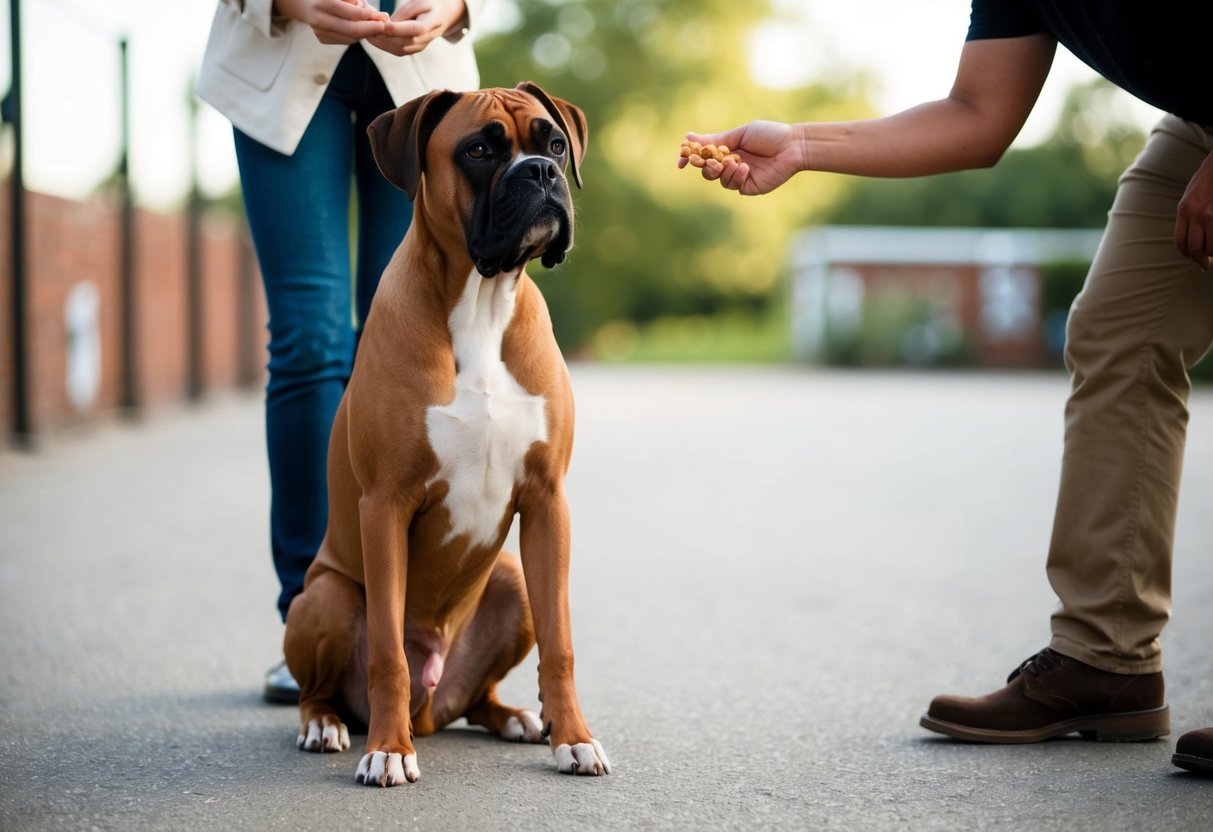 A boxer dog sits calmly with all four paws on the ground while a person stands nearby, holding a treat and giving the dog positive reinforcement