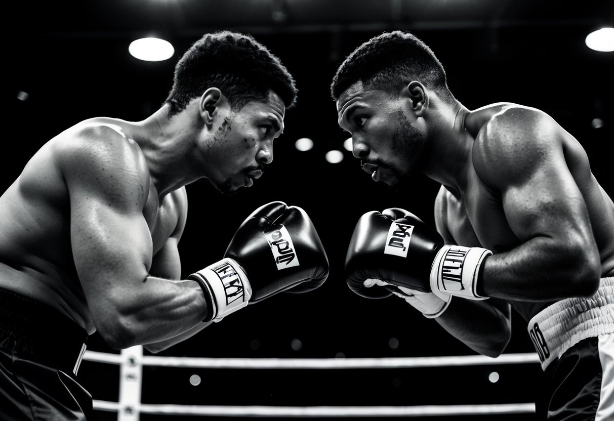 Two boxers facing off in the ring, their bodies close, eyes locked in intense concentration